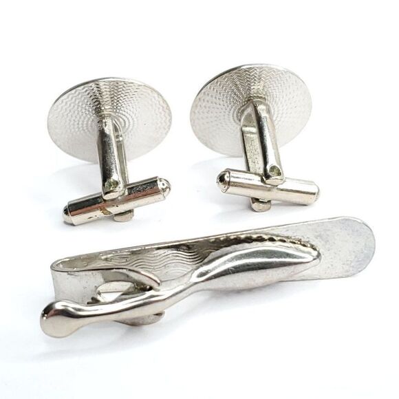 Silvertone Round Circle Cufflinks Tie Clip Geometric Black Stripes Art Deco - Picture 3 of 3